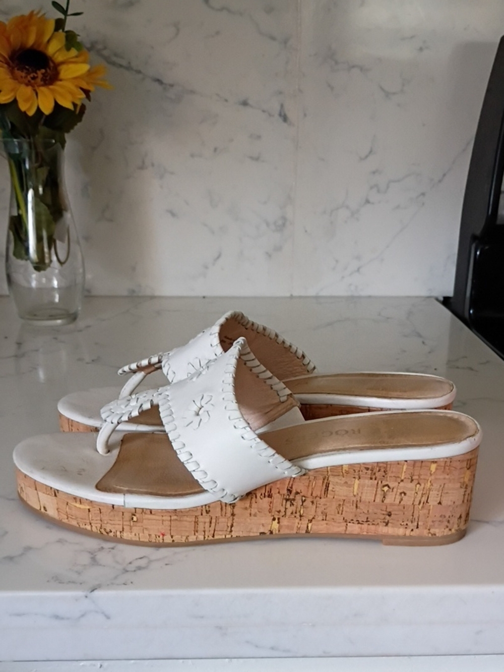 Jack Rogers White Leather Woven Toe-Post Platform Sandals